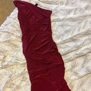 Maroon, One Shoulder Midi Dress